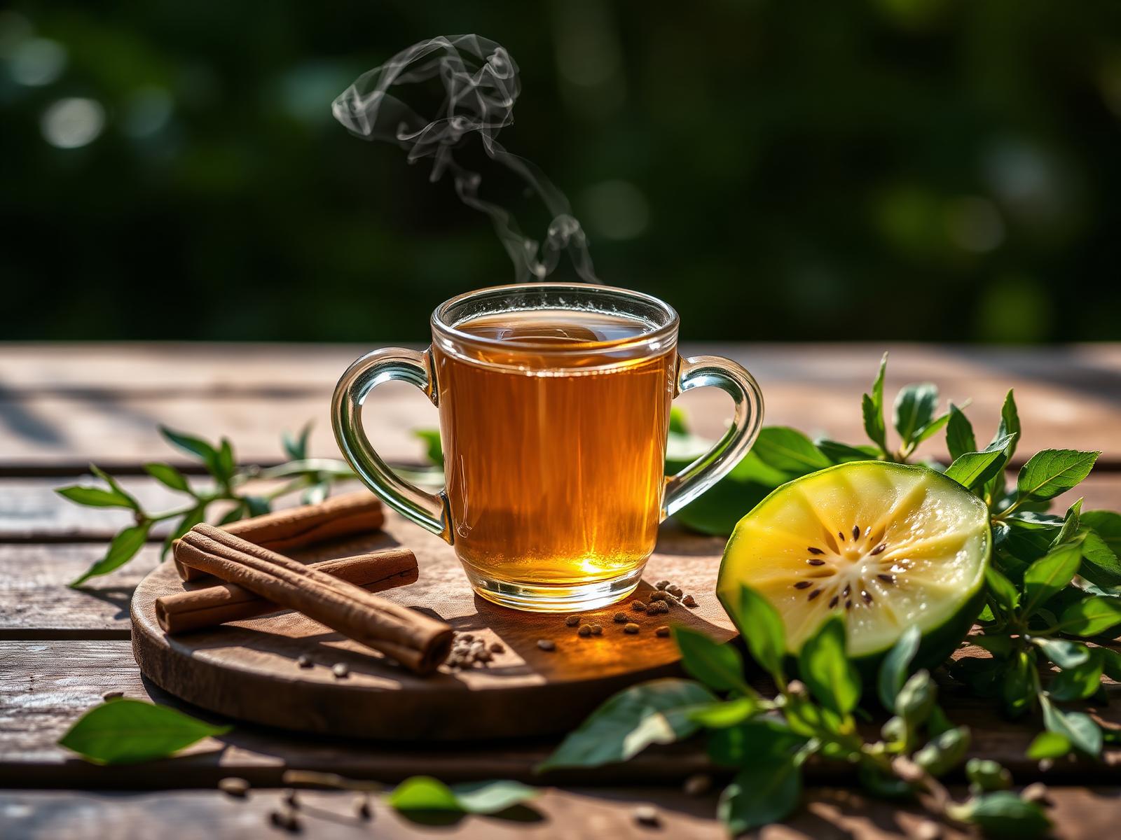Steaming cup of BloodSugar Fix herbal tea with fresh moringa, cinnamon and bitter melon